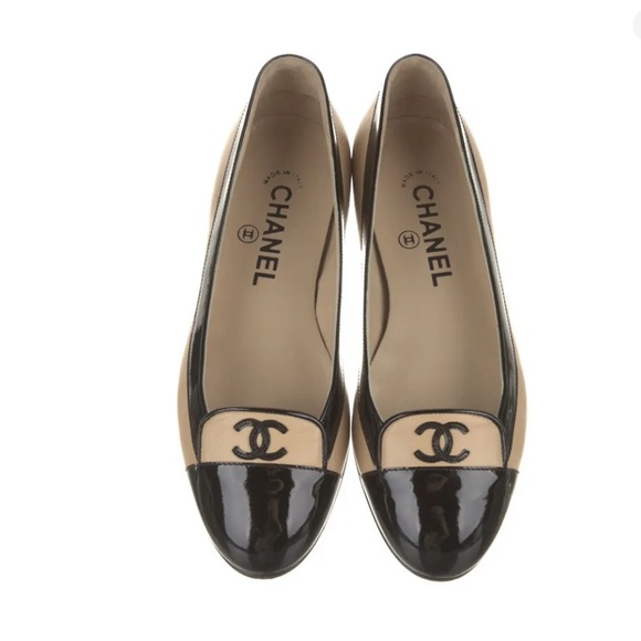 CHANEL Shoes - Auth CHANEL SHOE CAP TOE BALLET BALLERINA FLAT LOAFER CC LOGO BLACK BEIGE 36 6